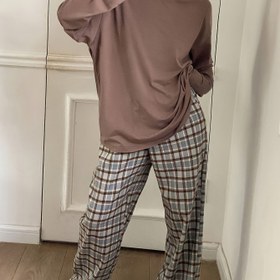 Resim Kadınlar için Ekose Desenli Düzenli Kesim Günlük Yuvarlak Yaka Uzun Pijama Takımı İlkbahar ve Sonbahar İçin 
