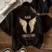 Resim Kadınlar için "444 KORUMA" Grafikli T-Shirt - Siyah Rahat Yuvarlak Yaka ile Altın Kanatlar ve İlham Verici Alıntı, Bahar ve Yaz için Mükemmel, Rahat Giyim | İlham Verici Alıntı Gömlek | Konforlu Kesim, Bayanlar T-Shirt'leri 