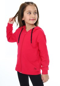 Resim Toontoy Kız Çocuk Kapüşonlu Fermuarlı Cepli Düşük Omuz Nakış Baskılı Örme Hırka - 2 İplik 