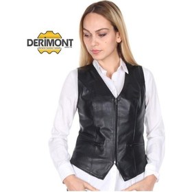 Resim Deriwork Hakiki Deri Siyah Casual Fermuarlı Kadın Deri Yelek Siyah 