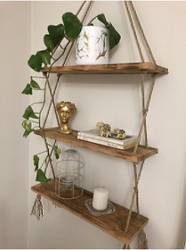 Resim VENTO HOME Genel Markalar Ahşap Dekoratif 3’lü Halatlı Raf Demonte 