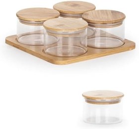 Resim Porsima HF009006 Yuvarlak 4lü Hava Geçirmez Bambu Standlı Cam Kahvaltılık Seti Bambu Kapaklı Saklama Kabı 250ml 