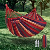 Resim 1 Paket Kamp ve Seyahat için Ağır Hizmet Tipi Kanvas Hamak - 149.69 KG Taşıma Kapasiteli, Devrilmeye Karşı Tasarım, Taşınabilir Çanta ve Ağaç Kayışları ile, Canlı Kırmızı/Lacivert/Gri Çizgili, Dayanıklı Bahçe, Veranda, Macera İçin Dış Mekan Kullanımı, Klasik Çizgili Tasarım, Sağlam Polyester Lif 