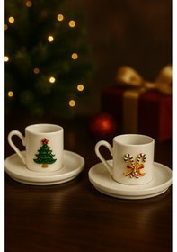 Resim 2 Kişilik Porselen Metal Figürlü Kahve Fincan Takımı Seti Hediyel 