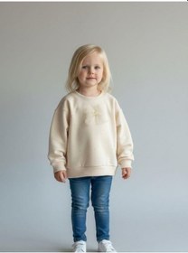 Resim Zekids Kız Bebek Pamuklu Taşlı Fiyonk Detaylı Oversize Tasarım Sweatshirt-16558 Krem 