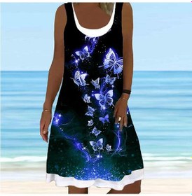 Resim Mavi Kadın Çiçek Sahte İki Parçalı Mavi Kelebek Baskılı Kolsuz Yuvarlak Yaka Elbise Gevşek Yumuşak Rahat Büyük Beden Elbise Mavi 