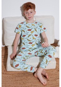 Resim Lela Desenli % 100 Pamuk Bisiklet Yaka Erkek Çocuk Pijama Takımı 6651001 Mint 