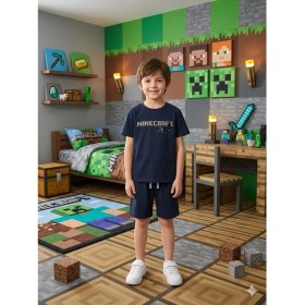 Resim Cg Kids Minecraft Kabartma Yazı Detaylı Erkek Çocuk Tshirt & Şort Alt Üst Takım Süper Kalite Kumaş 