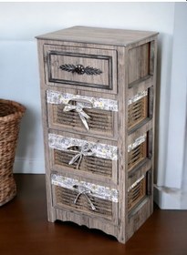 Resim Ahşap 4 Çekmeceli Hasır Görünümlü Sebzelik Rustik 