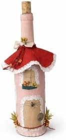 Resim El Yapımı Dekoratif Şarap Şişesi, Cam, Pembe ve Kırmızı, 33x8 cm, Ev Dekorasyonu, Masa Süsü, 215g 