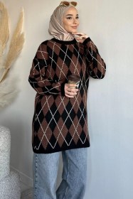Resim Gülseli Desenli Simli Tesettür Triko Tunik Siyah TZL-P-00020159 