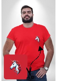 Resim Angemiel Unicorn Tek Boynuzlu At Kırmızı Büyük Beden Kadın Basic Minimal Baskılı Tişört Kırmızı 