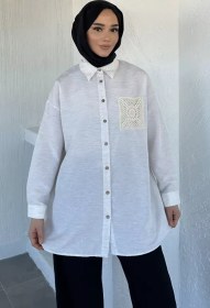 Resim Fisto Detaylı Tesettür Keten Tunik Taş TZL-P-00021221 