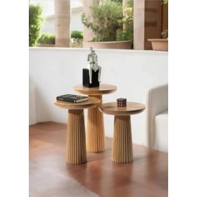 Resim Simillo Home & Living Wood Wooden 3’Lü Set Fitilli Mantar Yan Sehpa Modern Ahşap Renk Fiskos 