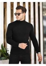 Resim Siyah Erkek Slim Fit Yarım Balıkçı Fitilli Triko Kazak-trz19158r01s Siyah 