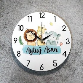 Resim caju art & decoration İsme Özel Sevimli Hayvan Figürlü Çocuk Odası Duvar Saati 