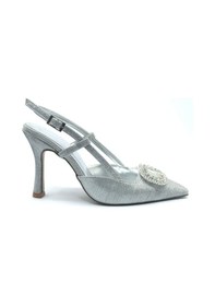 Resim Feles Taş Toka Detaylı Arkası Açık Stiletto Kadın Topuklu Ayakkabı GÜMÜŞ 