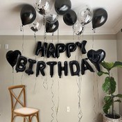 Resim 27 adet Doğum Günü Partisi Balon Seti, 16 inç Siyah Mutlu Doğum Günü Alüminyum Folyo Harf Balonları, 10 inç Mat Siyah Balonlar ve 12 inç Kalınlaştırılmış Şeffaf Siyah Pullu Balonlar dahil, Kırmızı, Turuncu, Sarı, Yeşil, Mavi ve Mor gibi Sıcak Renkler ile, Doğum Günü Partisi Dekorasyonu için 