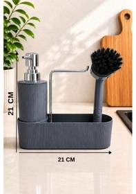 Resim Gri Mutfak Düzenleyici Sabunluk Ve Fırçalık Seti Lavabo Üstü Organizer 