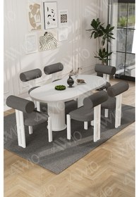 Resim Avvio Carlina Bohem Ayak 6'lı Metal Pofi Demonte Sandalye 80x160 Masa Sandalye Takımı Beyaz Masa Sandalye Beyaz Kumaş Antrasit Gri 