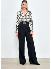 Resim Sateen Bel Aksesuarlı Bol Paça Pantolon - Siyah 