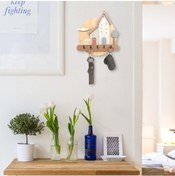 Resim CajuArt Pastel Renkli Evler Ahşap Anahtarlık Hol Antre Askılık Duvar Dekor Kahverengi 