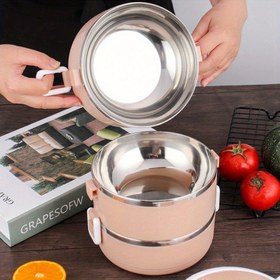 Resim Geniş Kapasiteli Paslanmaz Çelik İzoleli Yemek Kutusu - Çok Katmanlı, Yuvarlak Tasarım Beyaz Kulplu ve Kapağı ile Okul, İş, Kamp ve Piknik için Mükemmel - Dayanıklı & Kolay Temizlenir 
