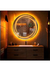 Resim Flux Amber Led'li Lazer Kumlamalı Lavabo & Banyo Aynası Dokunmatik Sensörlü 80 X 80 Turuncu 