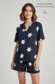 Resim Kadın Pijama Takımı%100 Pamuklu Desenli Kısa Kollu Düğmeli Gömlek Kısa Şortlu Rahat Kesim Takım 