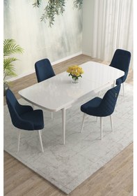 Resim Meri Serisi 80x132 Açılabilir Mdf Beyaz Masa Takımı 4 Kahve Sandalye Lacivert 