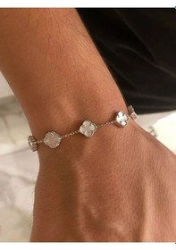 Resim Erkek Kadın Gümüş Bileklik - 4 Yapraklı Yonca 5'li Sedef Taşlı Işıklı Kutuda Sevgiliye Bileklik Gümüş 