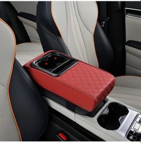 Resim Xuweiwei Kırmızı Deri Konsol Yastığı, Dirsek Dinlenme Ve Saklama Kutusu - Sürücüler İçin Mükemmel 