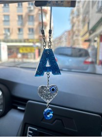 Resim şirinco A Harf Eş Harfli Mavi Simli Gümüş Renk Kalpli Epoksi Dikiz Ayna Süsü Sevgililer Günü Hediyelik 