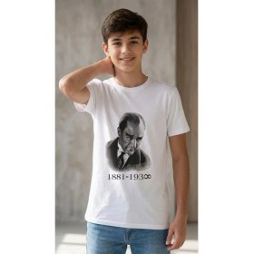 Resim Medi Giyim Erkek Çocuk Atatürk Baskılı Tişört Kısa Kollu Bisiklet Yaka T-Shirt - Beyaz 