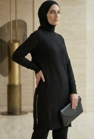 Resim Gülseli Yan Fermuarlı Tesettür Triko Tunik Siyah TZL-P-00020925 
