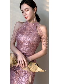 Resim Hanife Glam Couture Hanife Glam Halter Yaka Taş Tasarımlı Pul Payet Abiye Elbise Pembe 