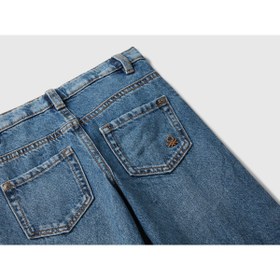 Resim United Colors of Benetton Kız Bebek Koyu Mavi Logo İşleme Detaylı Paçası Kıvrık Wide Fit Denim Pantolon 