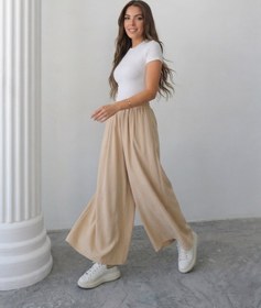 Resim Beli Lastikli Geniş Kesim Kloş Double Krep Pantolon Etek 5187 - Açık Bej - Açık Bej / L-XL 