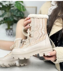 Resim Günlük Kadın Kar Botu Kürklü Bağcıklı Fermuarlı Rahat Yüksek Kalın Tırtıklı Taban Bootie 7441 Bej 