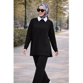 Resim Esra Butik Mürdüm Siyah Taş Çimalı Tesettür Ikili Takım Tunik Pantolon Şık Rahat 