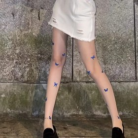 Resim Mavi Kelebek Desenli İnce Kadın Çorabı, Zarif Desenli Şeffaf Tayt, Moda Çorap 