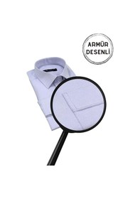Resim Lila Armür Desenli Rahat Kesim Uzun Kol Erkek Gömlek Tek Cepli Klasik Regular Fit 001 