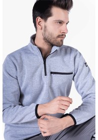 Resim 3 İplik Dik Yakalı Fermuarlı Sweatshirt Gri Melanj 