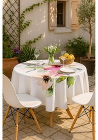 Resim Yuvarlak Pastel Çiçek Desenli Duck Kumaş Masa Örtüsü 150x150 Cm Çok Renkli 