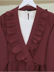 Resim MODAQU Yaka Fırfırlı Yan İp Bağlamalı Kimono - Bordo 