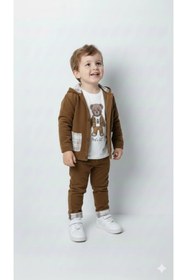 Resim Bontino Erkek Çocuk %100 Pamuk Kadife Hırka, Pantolon ve Ayıcık Baskılı Uzun Kollu Sweatli 3'lü Premium Seri 