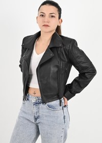 Resim Topaz Crop Hakiki Siyah Deri Ceket Kadın - Siyah / 38 / Gerçek Deri 