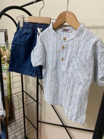 Resim Cg Kids Hakim Yaka Gömlek Fitilli Alt Mavi Jean Kumaş Kot Şort Be Lacivert - Gri 