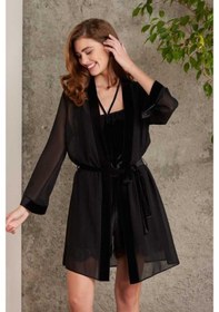 Resim Pierre Cardin Dantelli Kadife Tulum Sabahlık Takım 4800 Siyah 001 