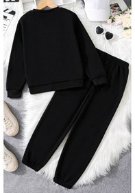 Resim Unisex Kalp Baskılı Bisiklet Yaka Eşofman Takımı Siyah 